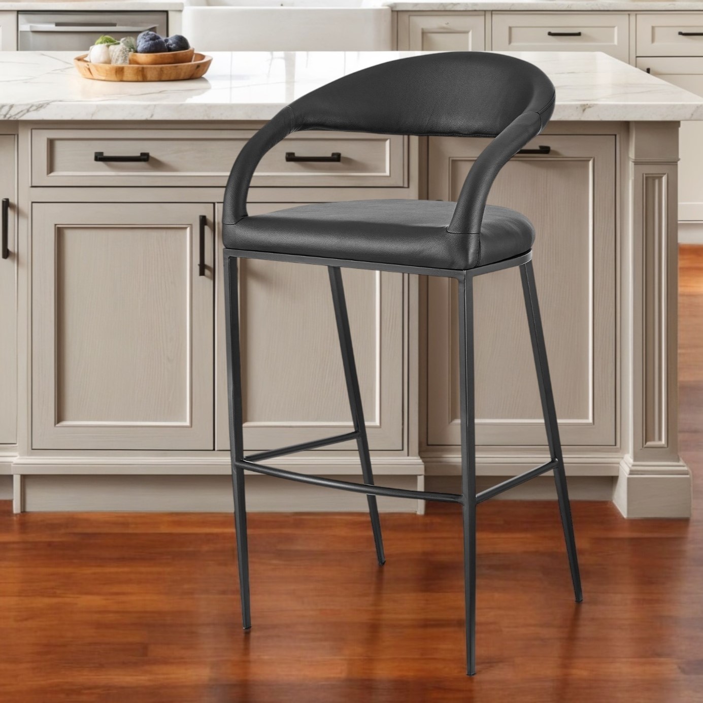 26" Black Faux Leather and Iron Low Back Bar Stool 1 26" Black Faux Leather and Iron Low Back Bar Stool