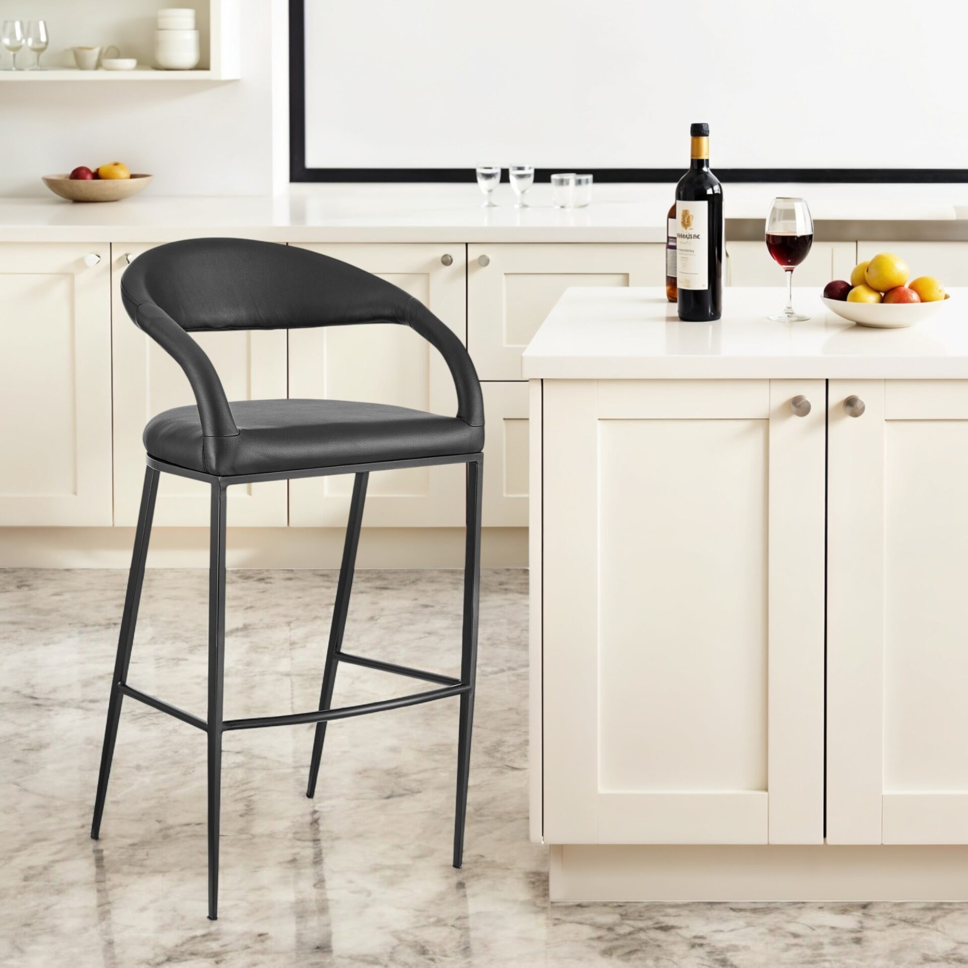 30" Black Faux Leather and Iron Low Back Bar Stool 1 30" Black Faux Leather and Iron Low Back Bar Stool