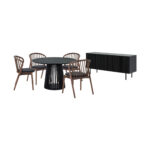 47” Black Round Dining Set with Sideboard and 4 Chairs