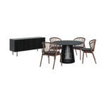 47” Black Round Dining Set with Sideboard and 4 Chairs