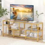 Gold 58 Inch TV Console Table with Tempered Glass Shelves 9 Gold 58 Inch TV Console Table with Tempered Glass Shelves