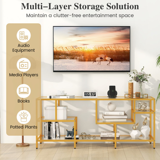Gold 58 Inch TV Console Table with Tempered Glass Shelves 6 Gold 58 Inch TV Console Table with Tempered Glass Shelves - Image 6