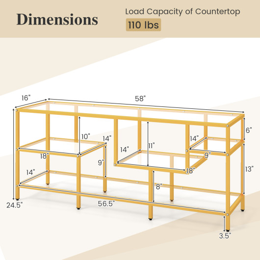 Gold 58 Inch TV Console Table with Tempered Glass Shelves 5 Gold 58 Inch TV Console Table with Tempered Glass Shelves - Image 5