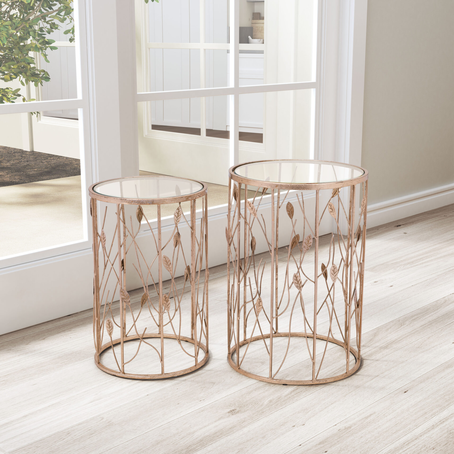 Gold Leaf Design Round Side Table Set (Set of 2) 1 Gold Leaf Design Round Side Table Set (Set of 2)