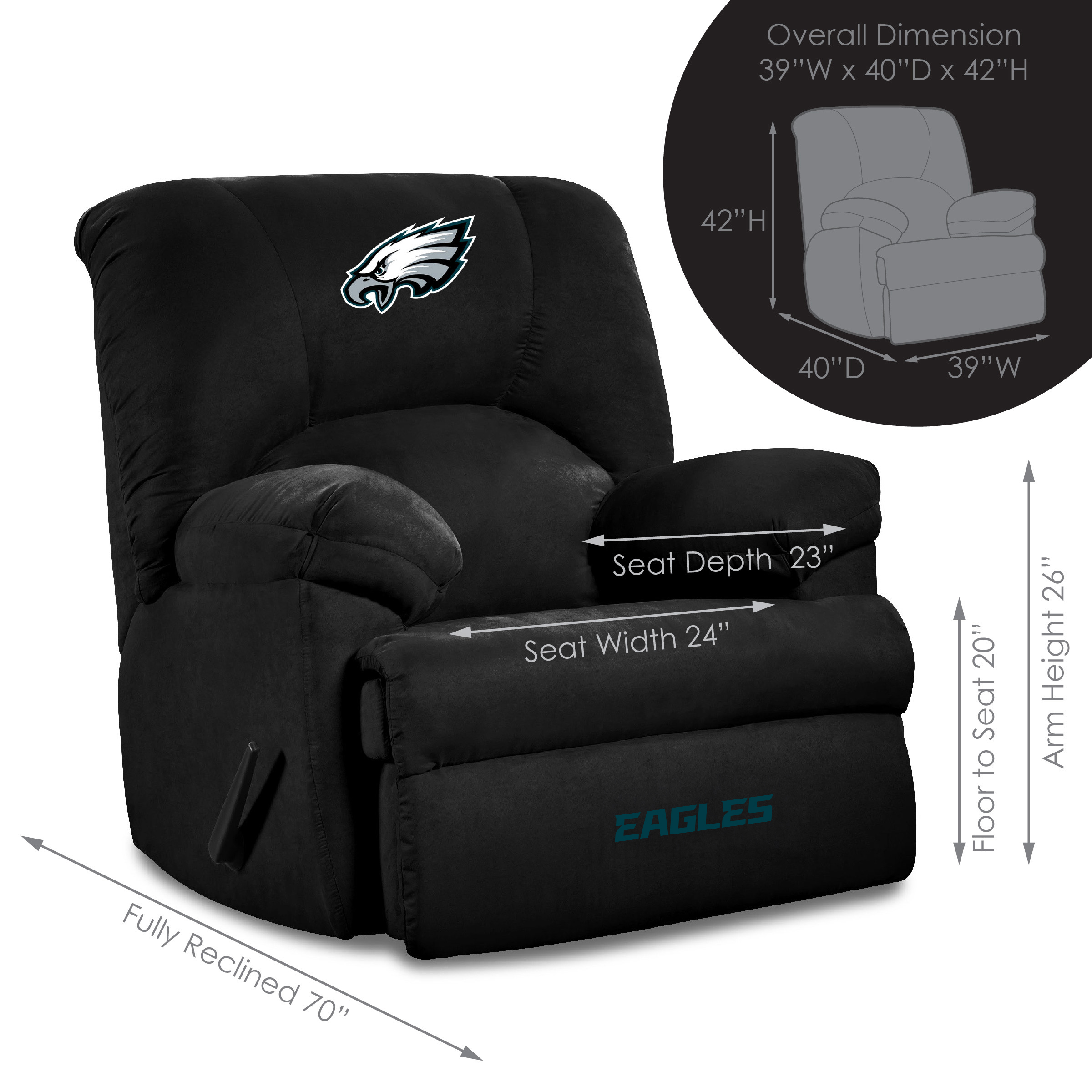 philadelphia eagles embroidered black microfiber rocker recliner made in usa