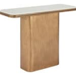 White & Brass Console Table with Faux Terrazzo Top