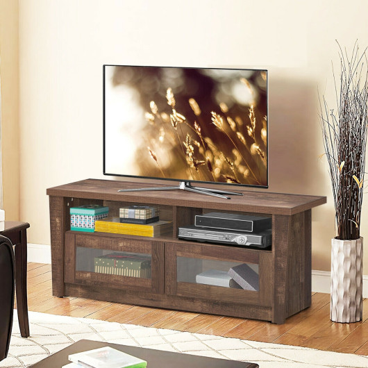 Wood TV Stand with Storage Shelves and Glass Door Cabinets 7 Wood TV Stand with Storage Shelves and Glass Door Cabinets - Image 7