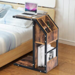 Industrial C Shape End Table with Storage Space and Shelves
