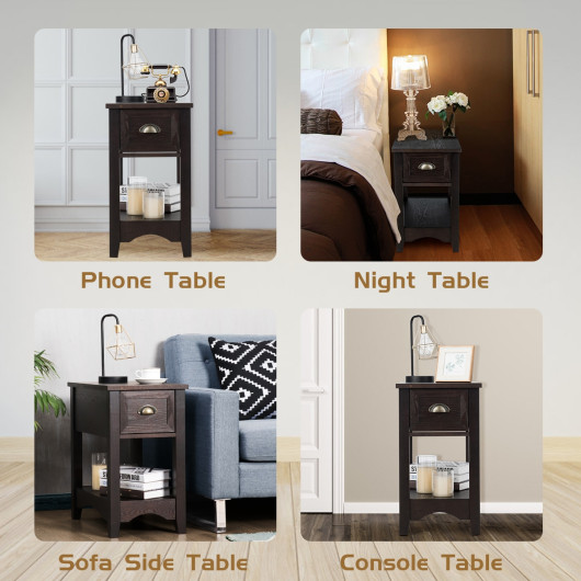 Retro Narrow End Table with Drawer and Shelf (Set of 2) 2 Retro Narrow End Table with Drawer and Shelf (Set of 2) - Image 2