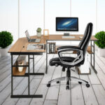 L-Shaped Corner Desk with Adjustable Tilting Tabletop and Shelves 34 L-Shaped Corner Desk with Adjustable Tilting Tabletop and Shelves