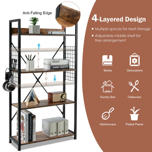 Industrial 4-Tier Bookshelf with Adjustable Shelf and Hooks 5 Industrial 4-Tier Bookshelf with Adjustable Shelf and Hooks - Image 5