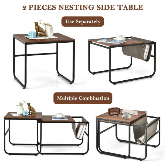 Rustic Brown Nesting Coffee Tables with Storage Pocket (Set of 2) 6 Rustic Brown Nesting Coffee Tables with Storage Pocket (Set of 2) - Image 6