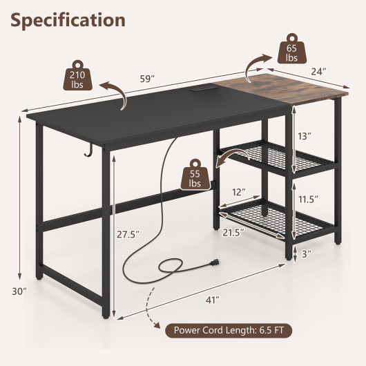 Industrial 59 Inch Computer Desk with Shelves and Side Hook 5 Industrial 59 Inch Computer Desk with Shelves and Side Hook - Image 5