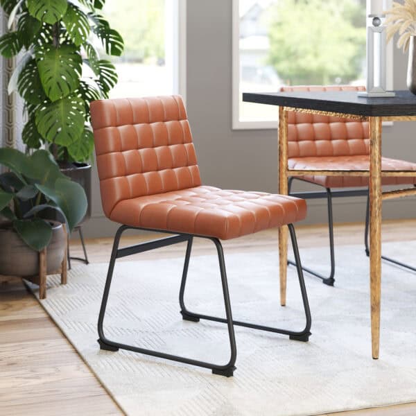 Brown Tufted Faux Leather Dining Chair Steel Frame (Set of 2)