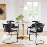 Round White & Gold Marble Pedestal Dining Table for 4