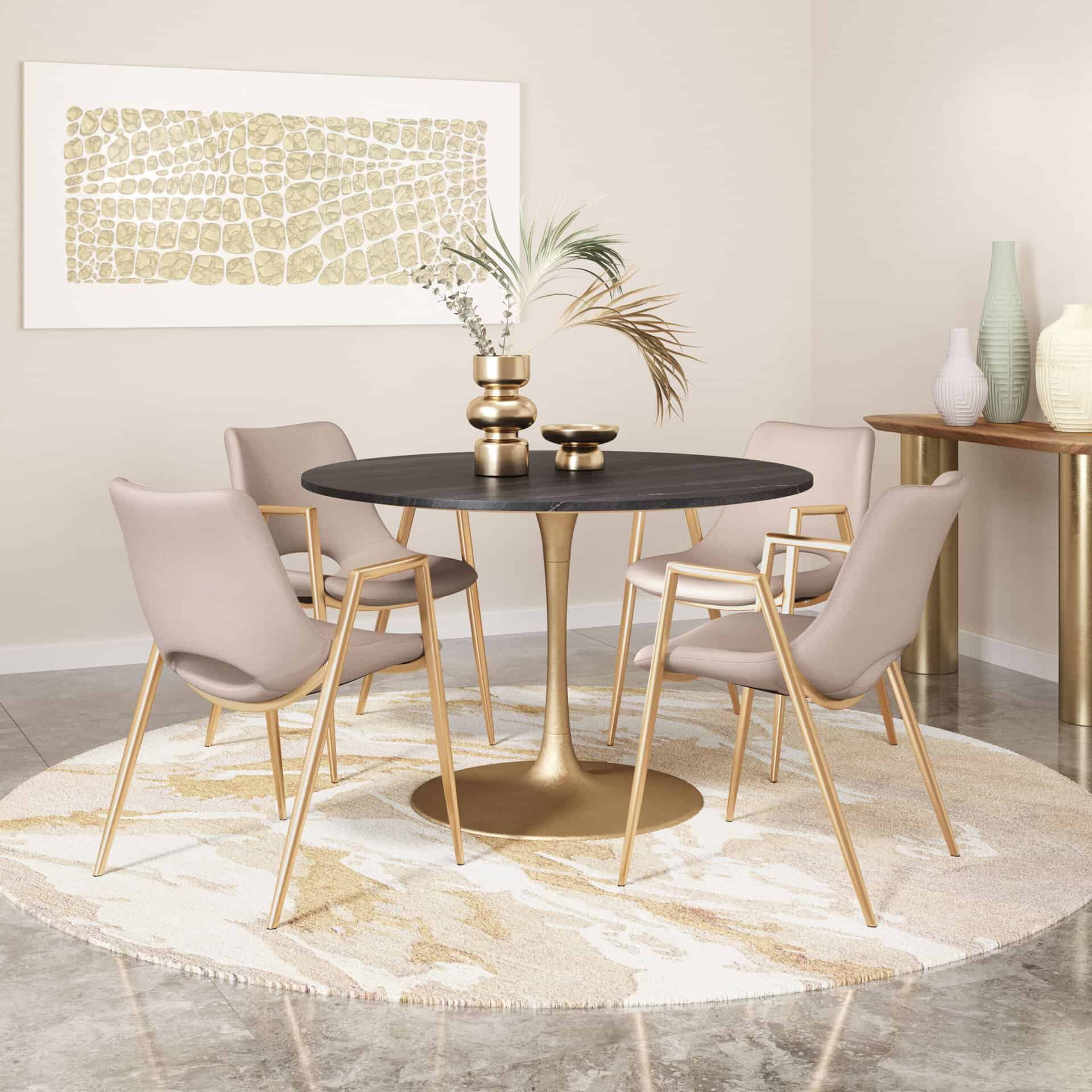 Beige Faux Leather Dining Chair with Gold Steel Legs (Set of 2)