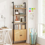Wall-Mounted 6-Tier Ladder Bookshelf with Rattan Cabinet Natural