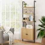 Wall-Mounted 6-Tier Ladder Bookshelf with Rattan Cabinet Natural