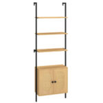 Wall-Mounted 6-Tier Ladder Bookshelf with Rattan Cabinet Natural
