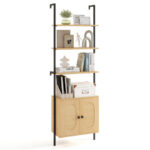 Wall-Mounted 6-Tier Ladder Bookshelf with Rattan Cabinet Natural