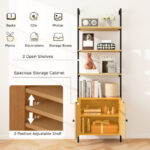 Wall-Mounted 6-Tier Ladder Bookshelf with Rattan Cabinet Natural