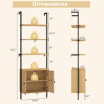 Wall-Mounted 6-Tier Ladder Bookshelf with Rattan Cabinet Natural