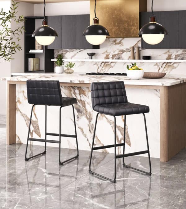 Black Modern Art Deco Bar Stools with Steel Frame (Set of 2)