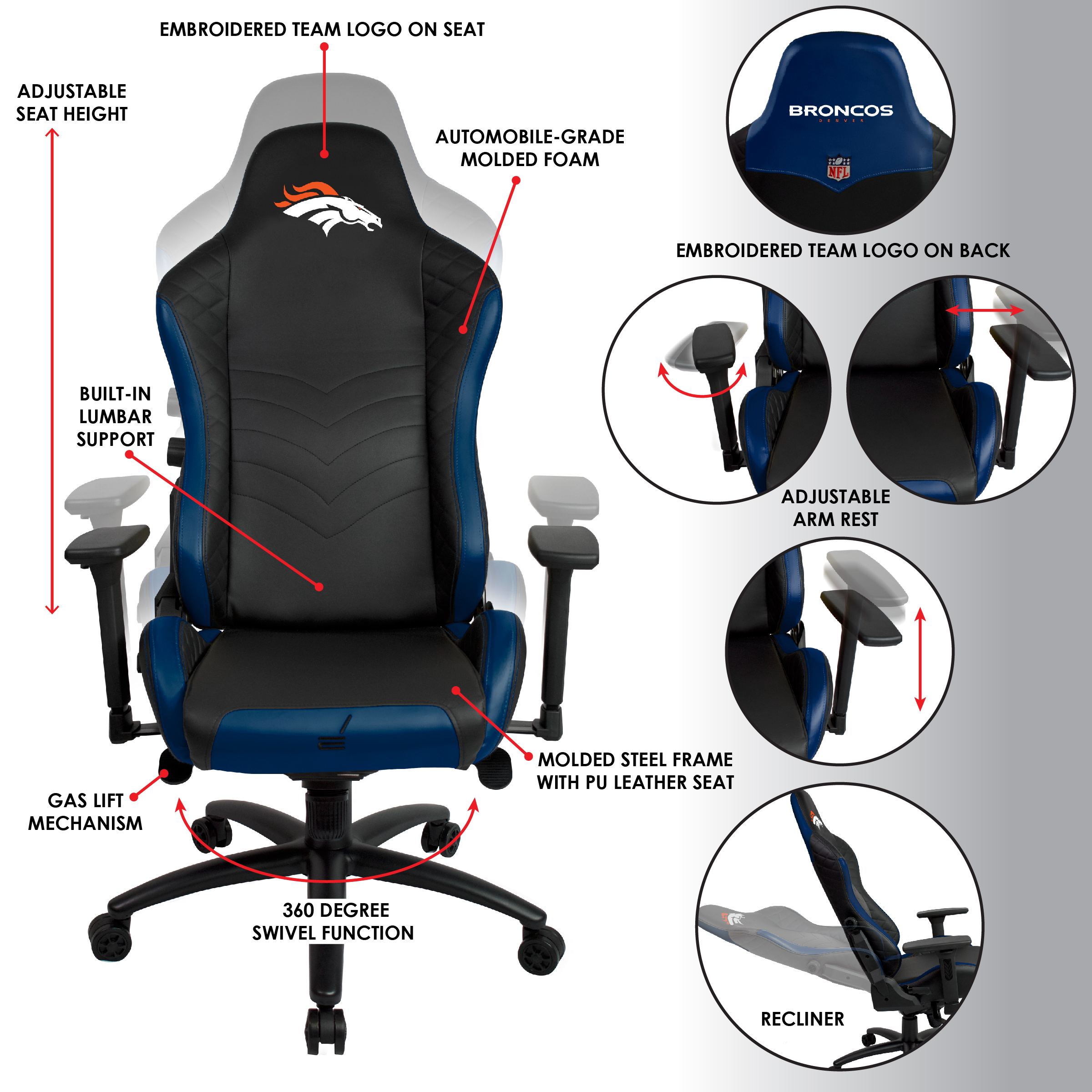 denver broncos nfl pro series embroidered gaming chair