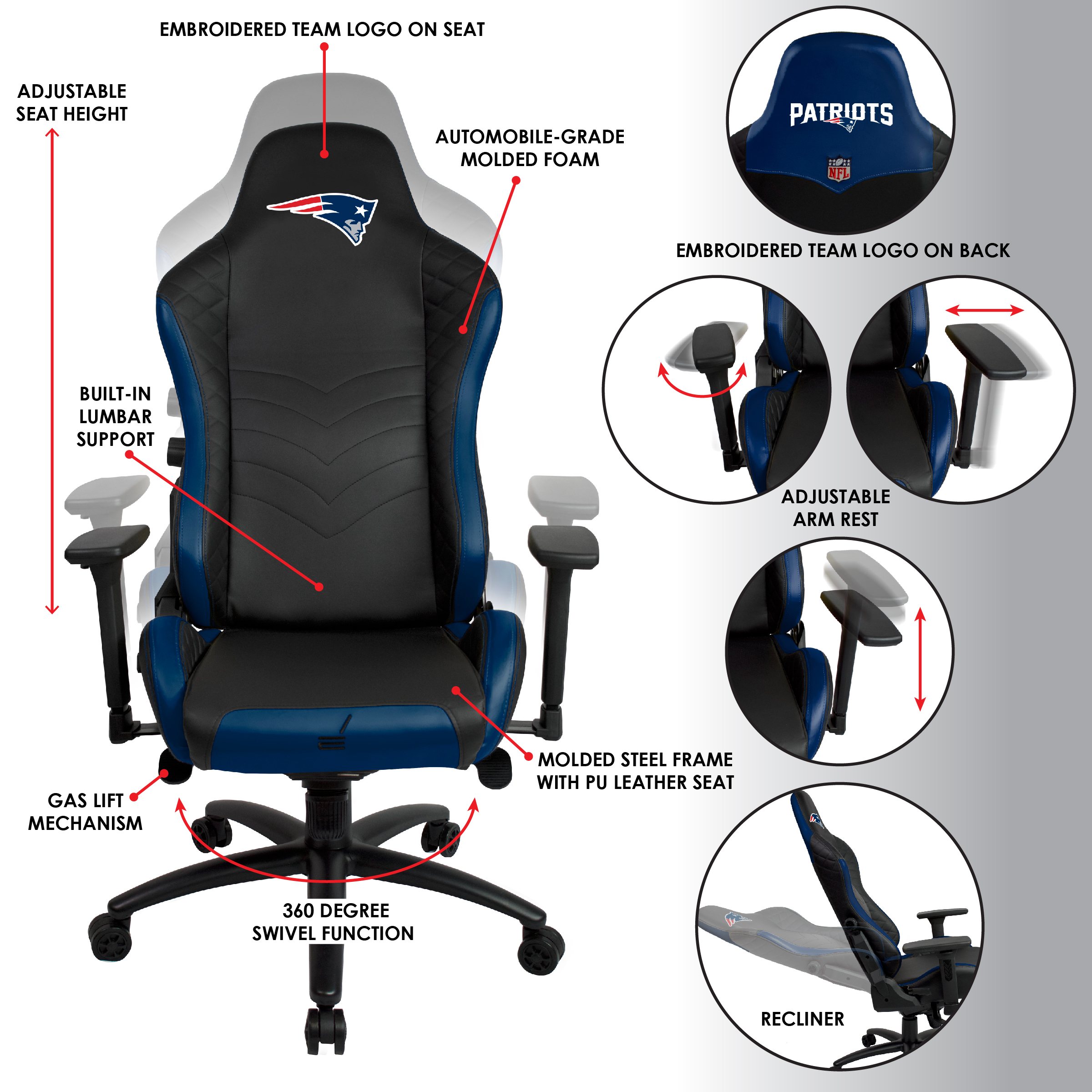 new england patriots pro series embroidered gaming chair