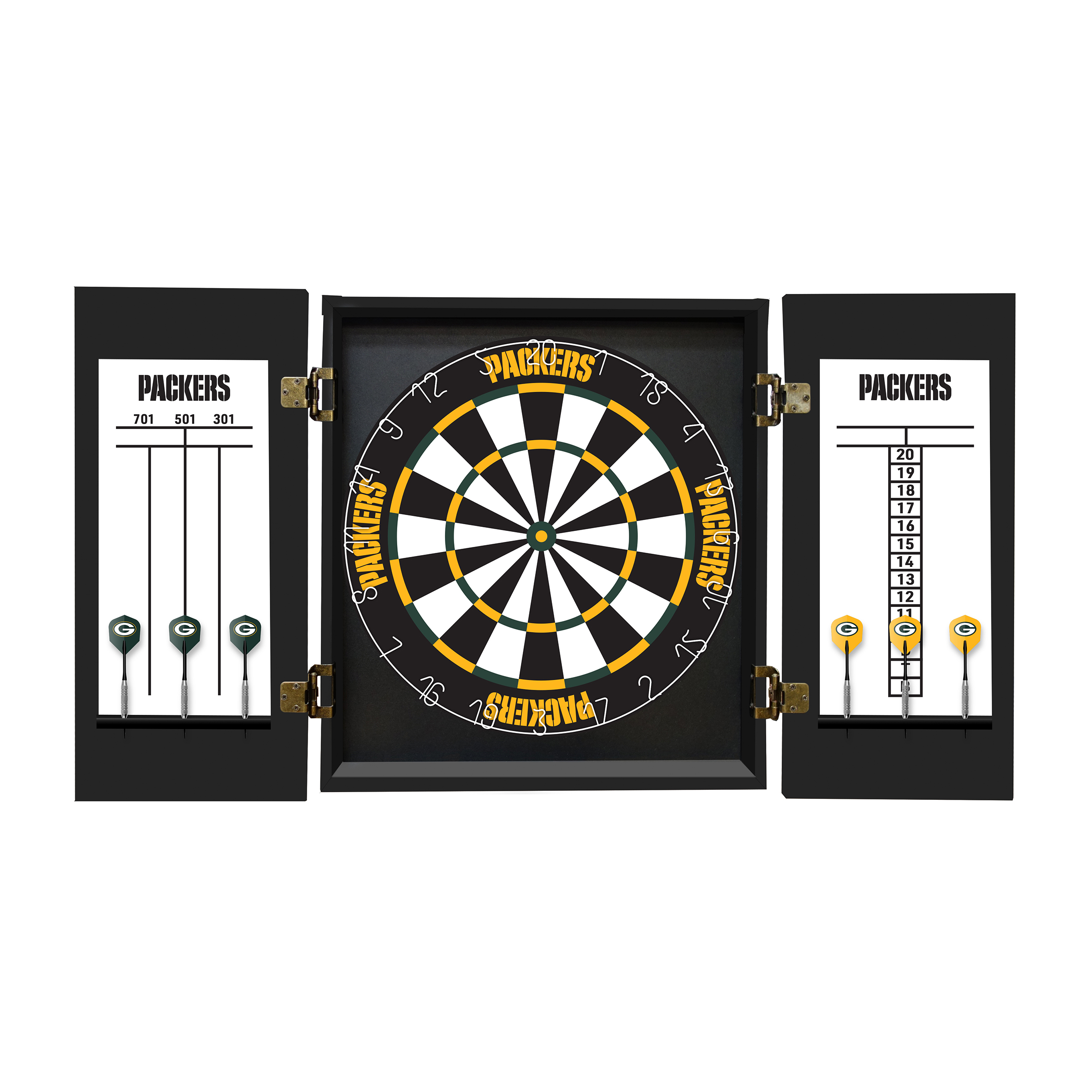packers bristle dartboard cabinet set with darts