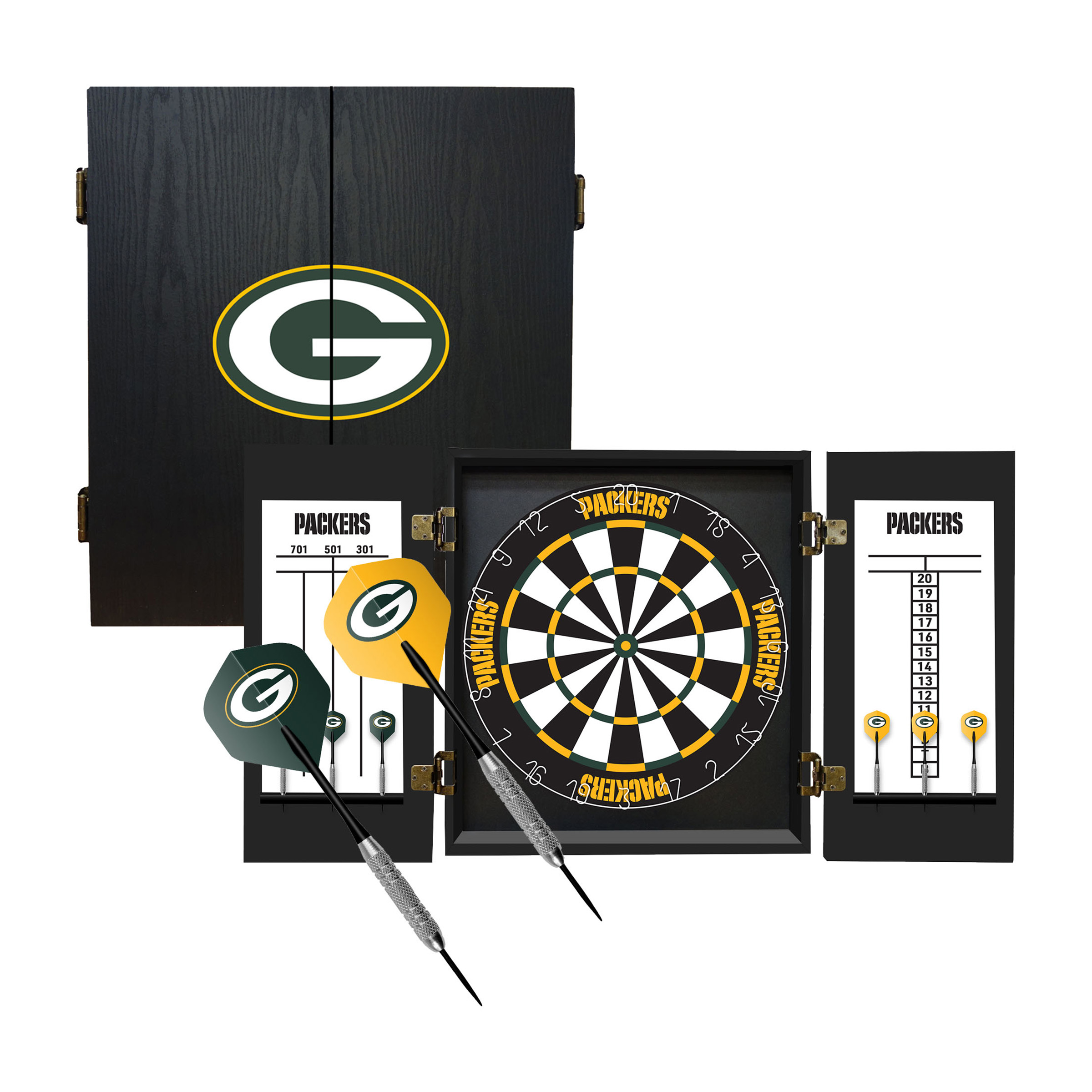packers bristle dartboard cabinet set with darts