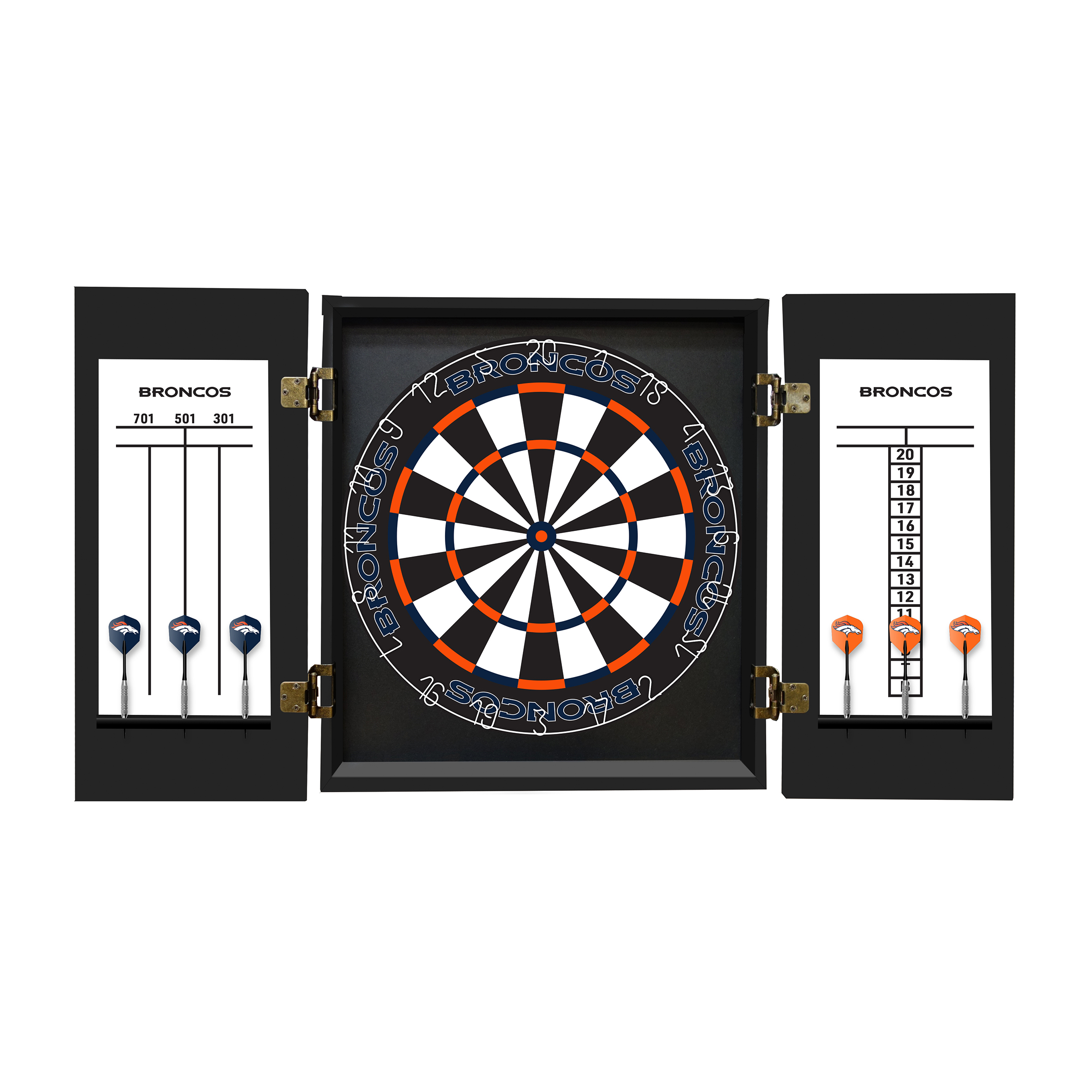 denver broncos bristle dartboard cabinet set