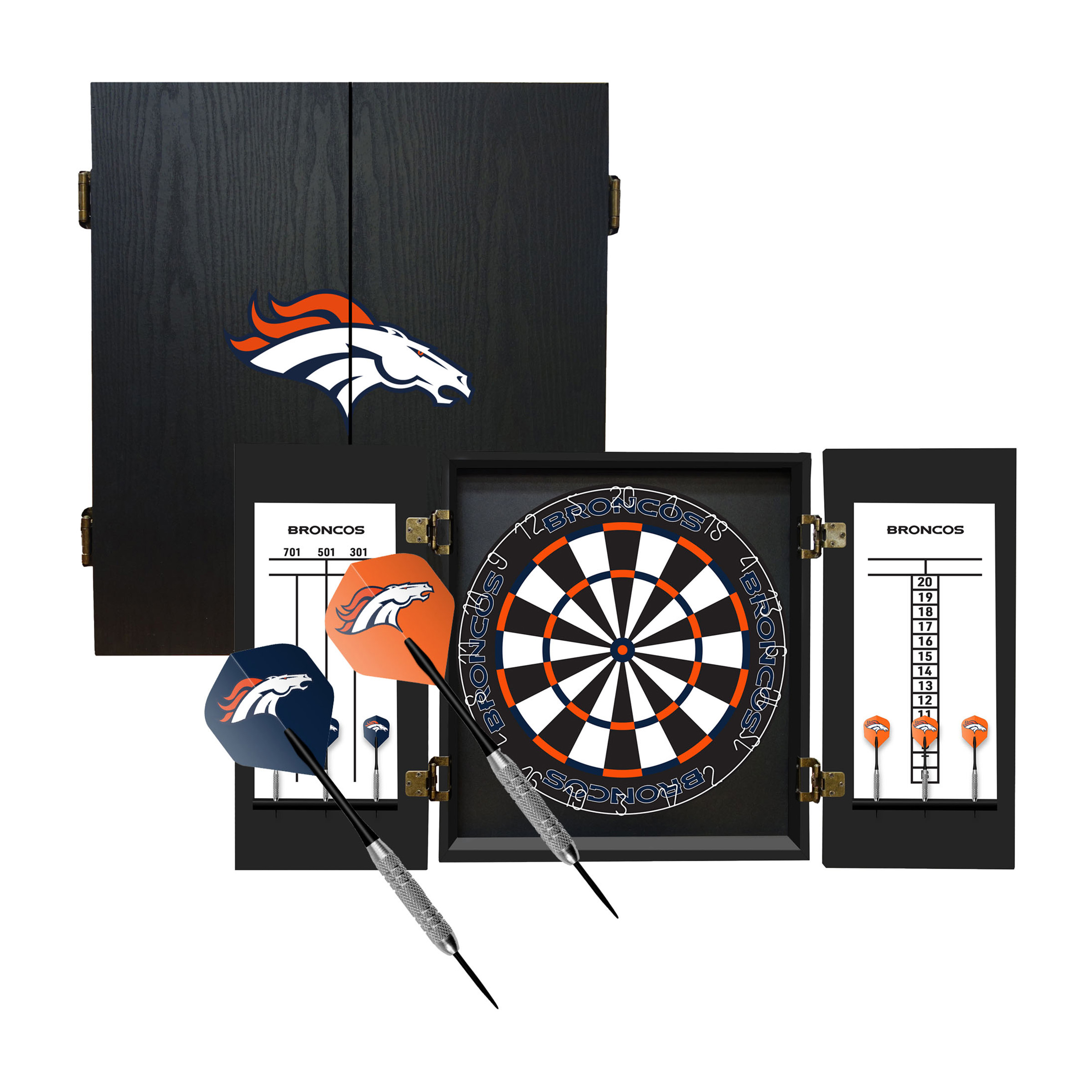 denver broncos bristle dartboard cabinet set