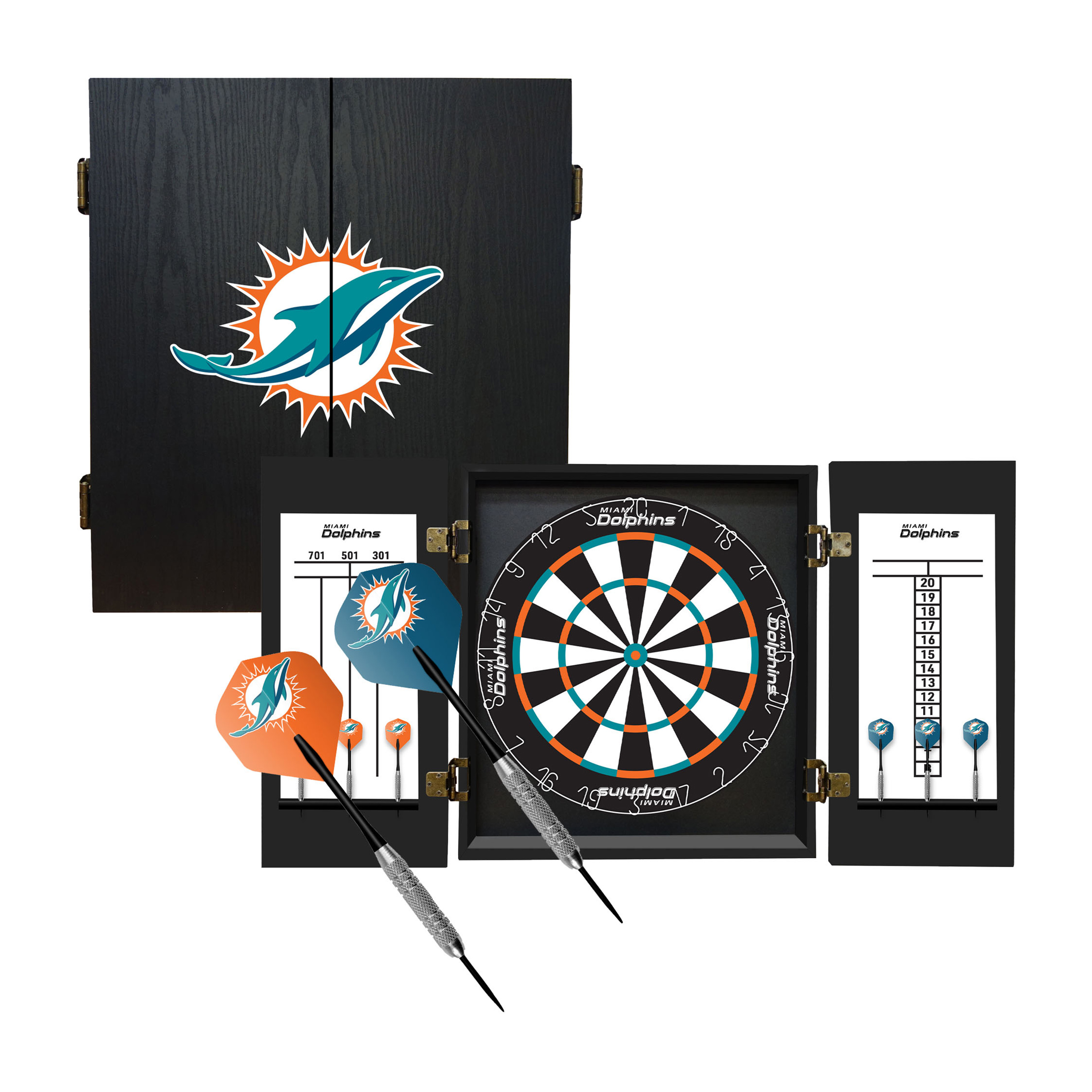 miami dolphins bristle dartboard cabinet set