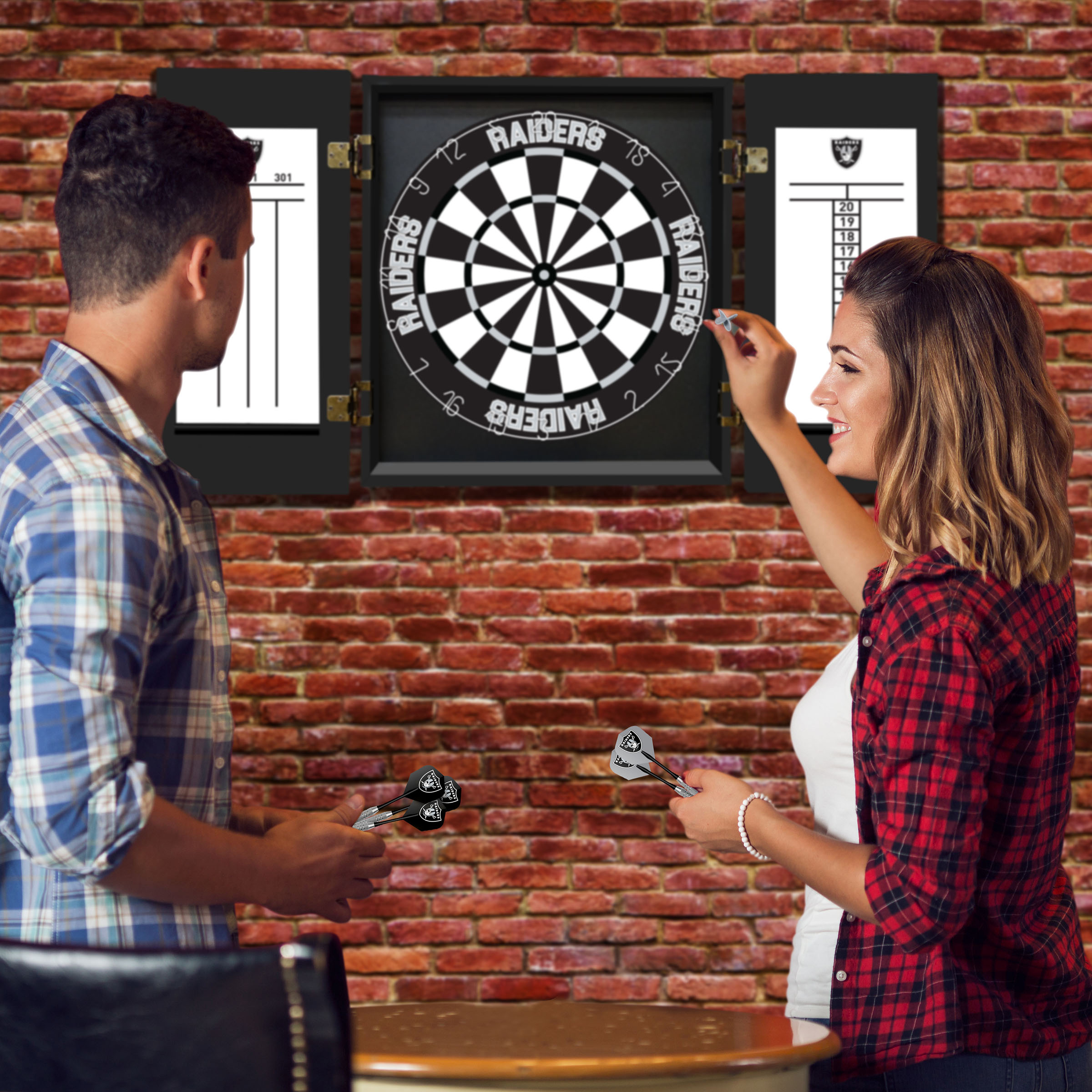 las vegas raiders bristle dartboard cabinet set