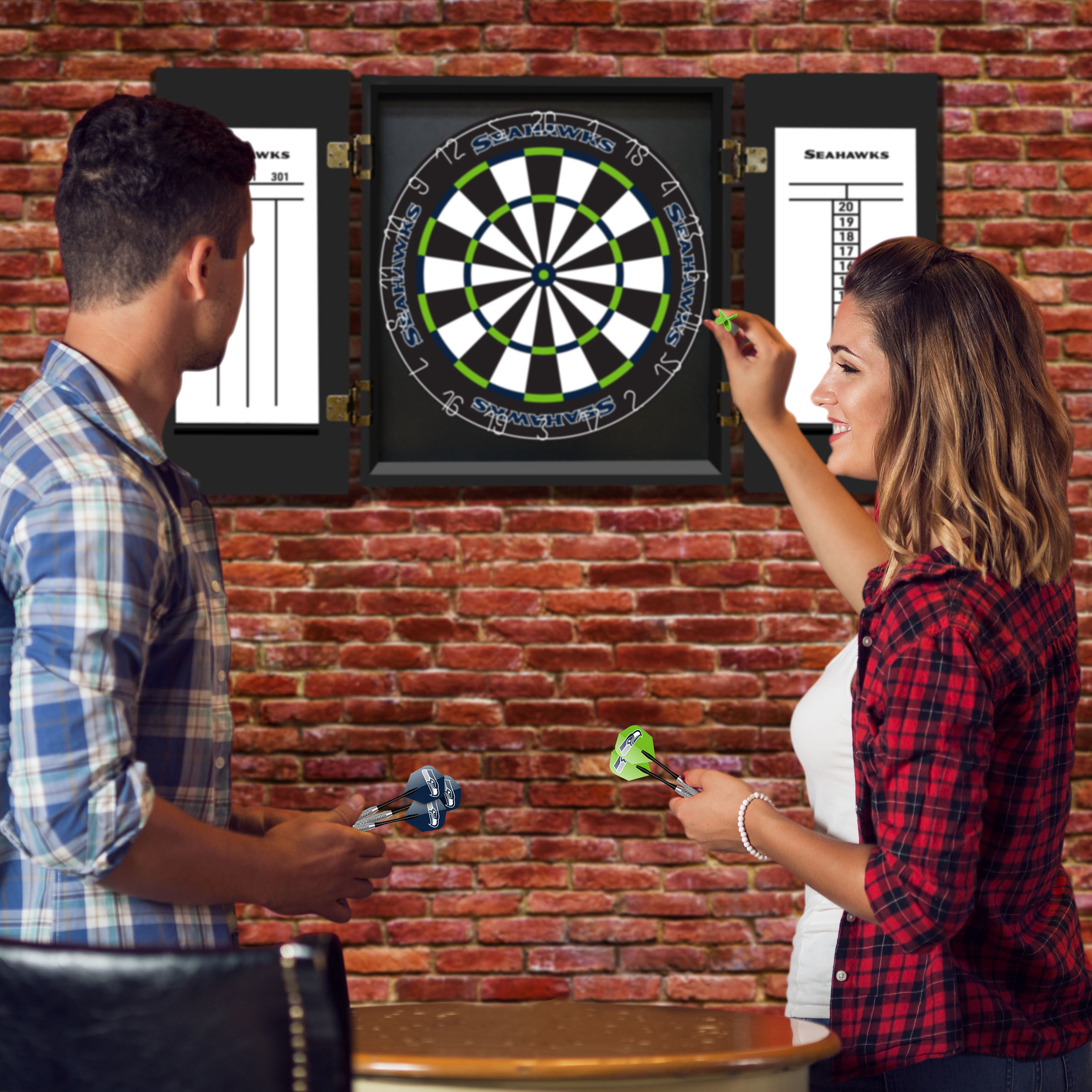 seattle seahawks bristle dartboard cabinet set