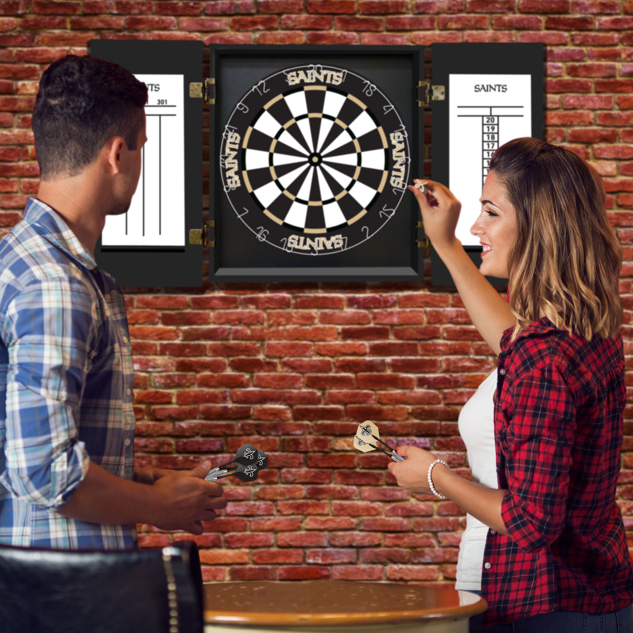 new orleans saints bristle dartboard cabinet set