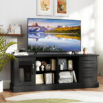 63 Inch Media Console Table with Storage and Glass Shelves