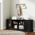 63 Inch Media Console Table with Storage and Glass Shelves