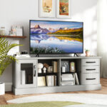 63 Inch Media Console Table with Storage and Glass Shelves