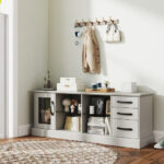 63 Inch Media Console Table with Storage and Glass Shelves