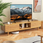 Mid Century Bamboo TV Stand with Sliding Doors Natural