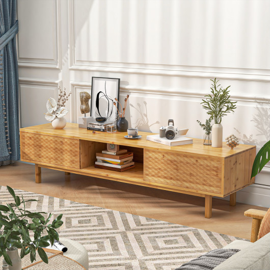 Mid Century Bamboo TV Stand with Sliding Doors Natural - Image 2