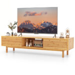Mid Century Bamboo TV Stand with Sliding Doors Natural
