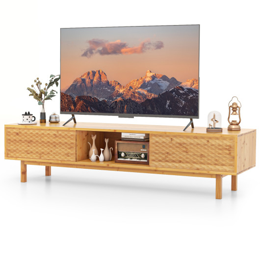 Mid Century Bamboo TV Stand with Sliding Doors Natural - Image 4