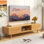 Mid Century Bamboo TV Stand with Sliding Doors Natural