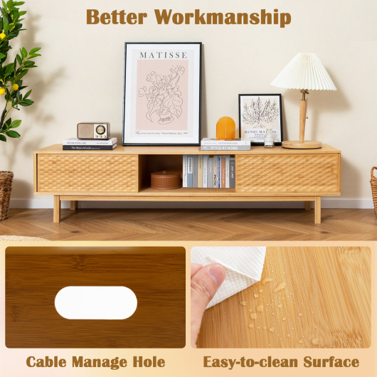 Mid Century Bamboo TV Stand with Sliding Doors Natural - Image 7