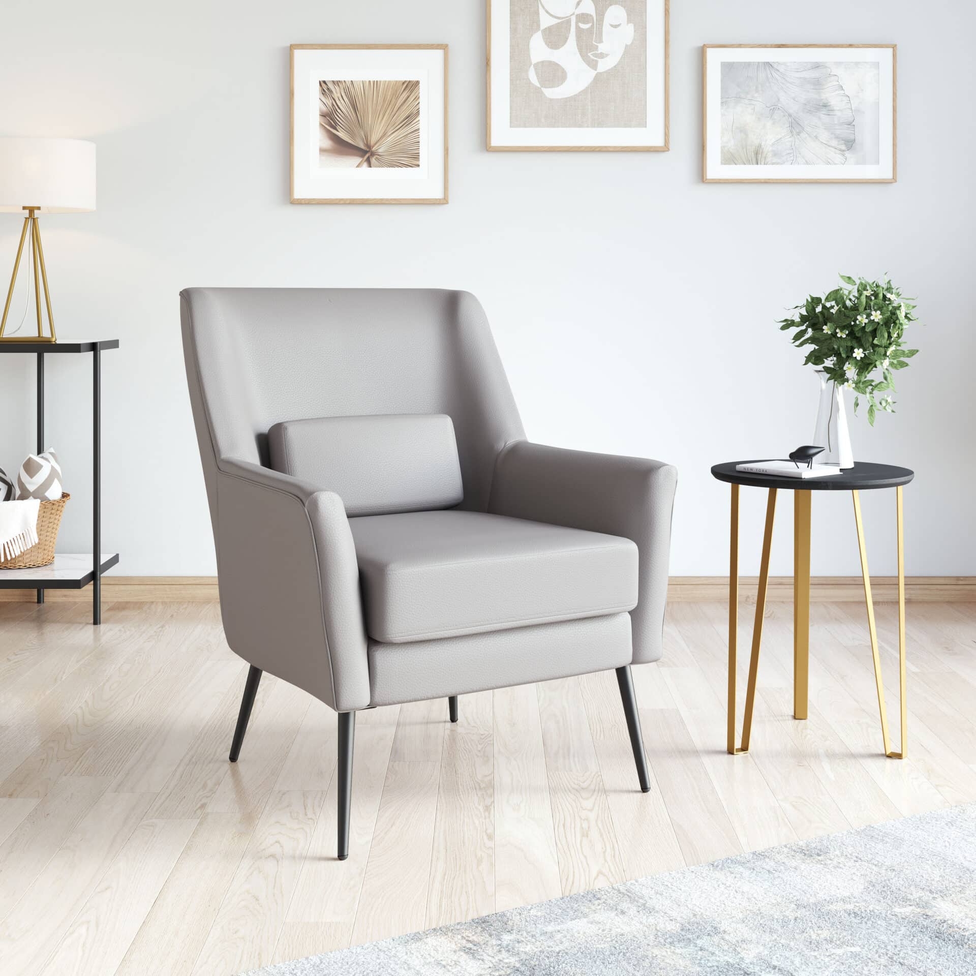 Boho Chic Gray Accent Chair with Faux Leather and Steel Legs 1 Boho Chic Gray Accent Chair with Faux Leather and Steel Legs