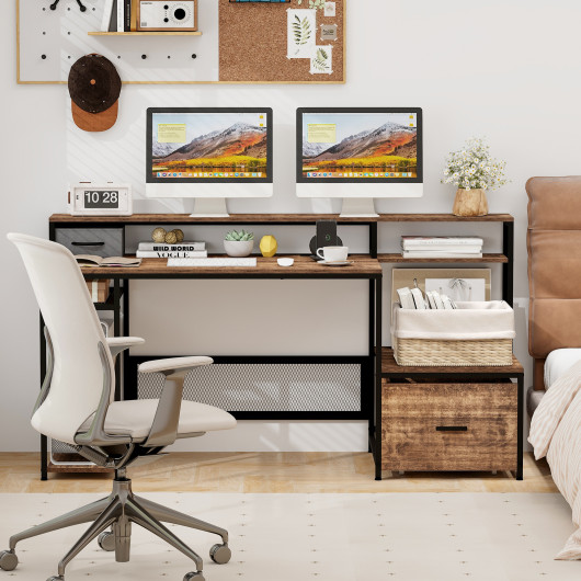 Rustic Brown 67 Inch Desk with Monitor Stand and Drawer 2 Rustic Brown 67 Inch Desk with Monitor Stand and Drawer - Image 2