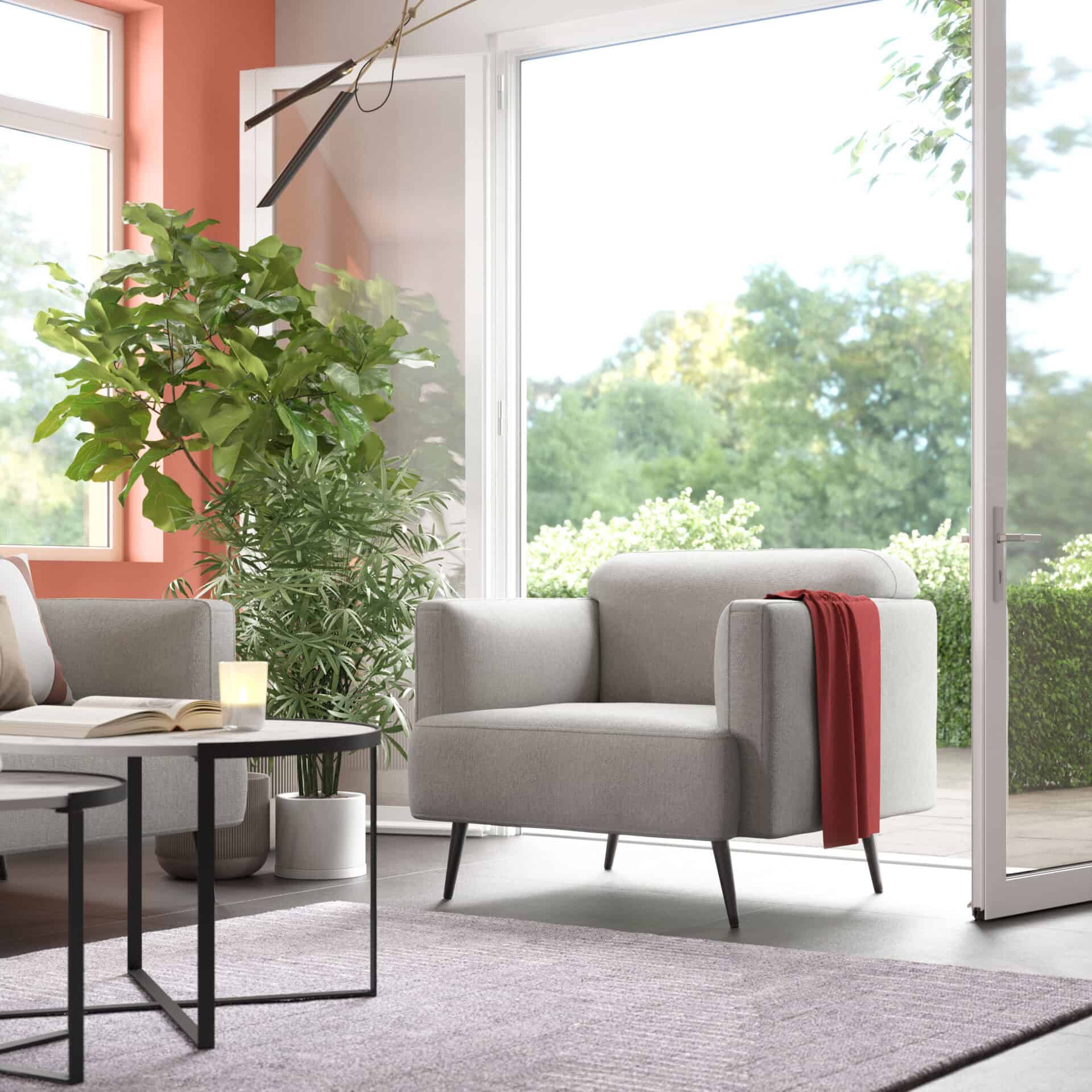 Light Gray Armchair with Modern Design and Pine Wood Legs 1 Light Gray Armchair with Modern Design and Pine Wood Legs